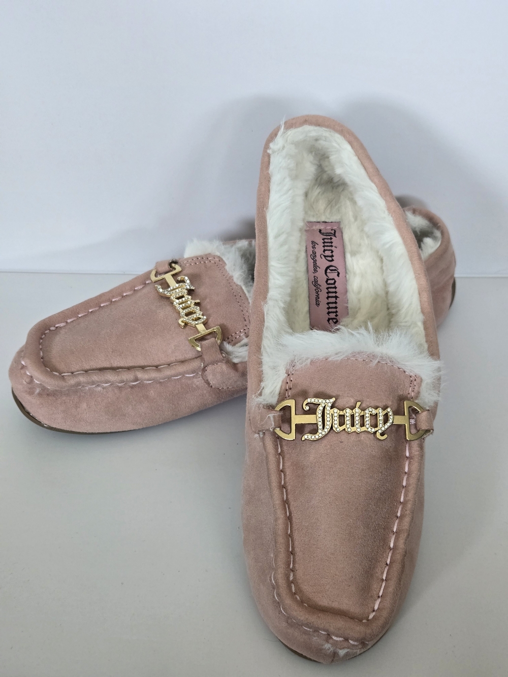 Juicy Couture Pink Suede Faux-Fur Moccasins with Gold Logo Size 9